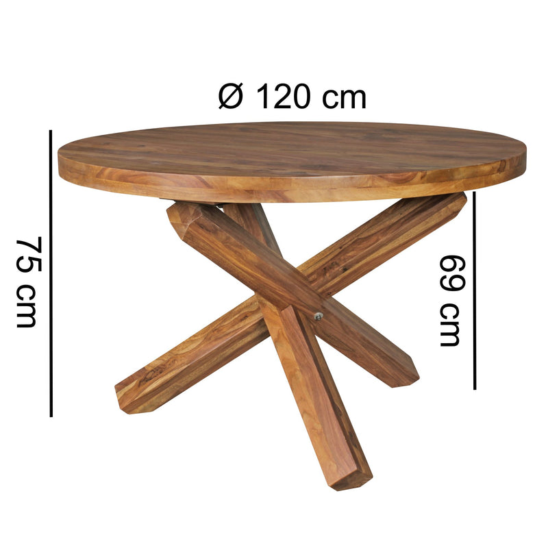 Esszimmertisch BOHA rund 120cm Sheesham Massivholz Landhaus braun