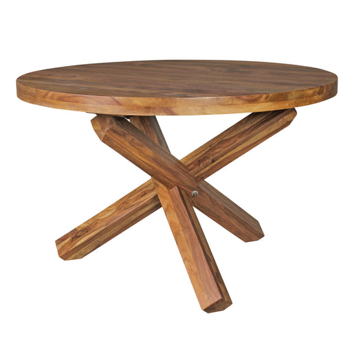 Esszimmertisch BOHA rund 120cm Sheesham Massivholz mit X-förmigem Holzgestell, Gesamtansicht.
