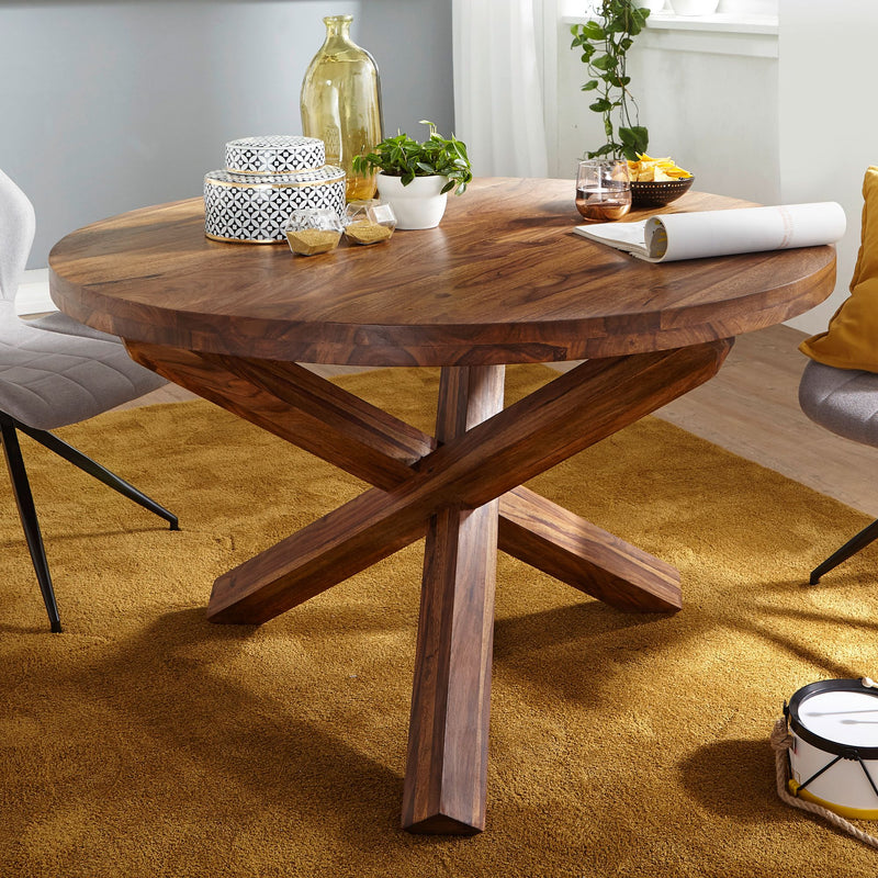 Esszimmertisch BOHA rund 120cm Sheesham Massivholz Landhaus braun