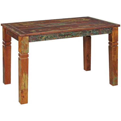 Esszimmertisch Kalkutta aus Bootsholz in Shabby-Chic-Optik mit rustikaler Patina und massiven Holzbeinen, Gesamtansicht.
