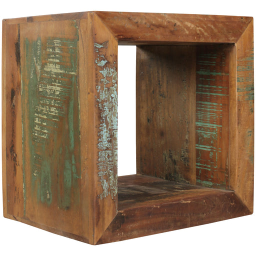 Beistelltisch Kalkutta, würfelförmiger Massivholz-Cube mit offener Front und sichtbarer Ablage in Braun.