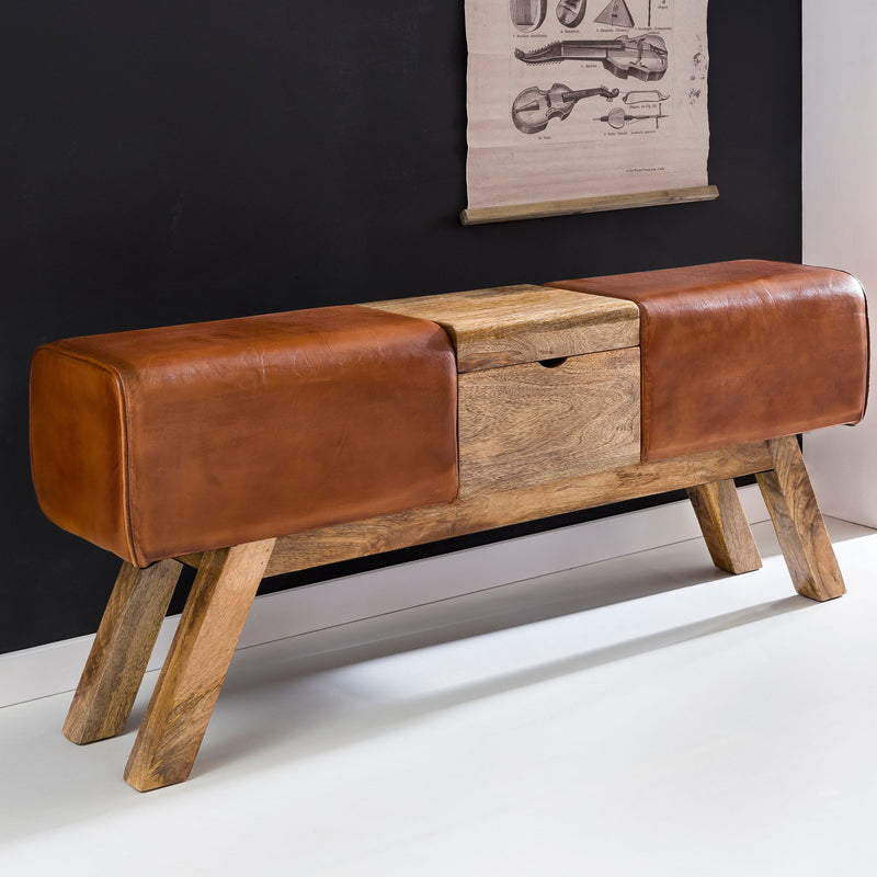 Turnbock Sitzbank Echtleder Braun Aufbewahrungsfach 120x29x53 cm