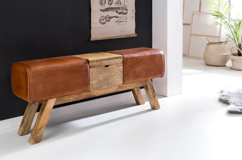Turnbock Sitzbank Echtleder Braun Aufbewahrungsfach 120x29x53 cm