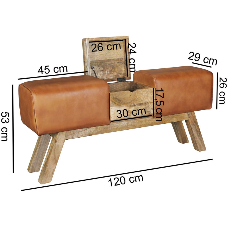 Turnbock Sitzbank Echtleder Braun Aufbewahrungsfach 120x29x53 cm