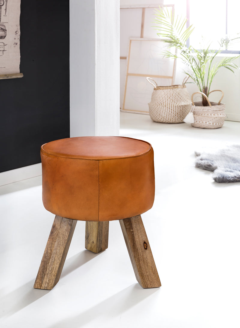 Sitzhocker WL5.102 Holz Leder Braun Modern 37x45x37 cm