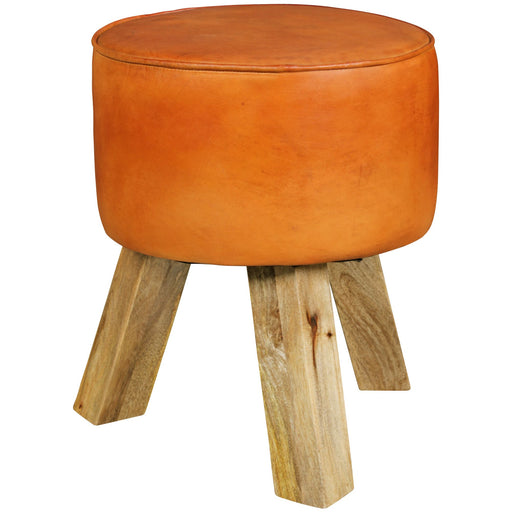 Sitzhocker WL5.102 in Braun mit rundem Lederbezug und massiven Holzbeinen, Gesamtansicht.