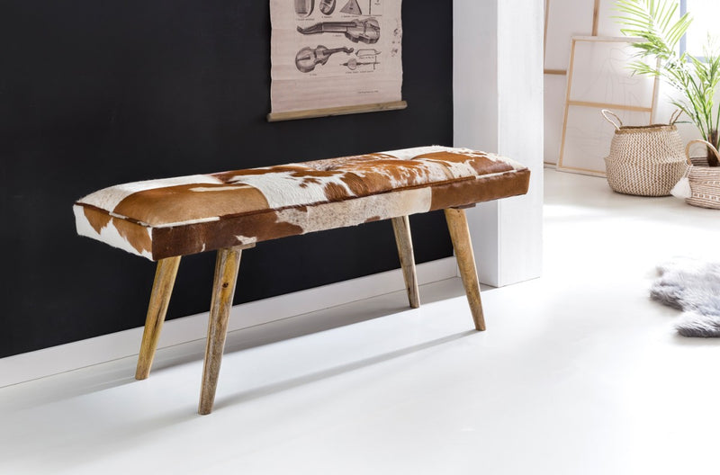Sitzbank Ziegenfell Massivholz 120x40x52cm Polsterbank Braun Flur Esszimmer