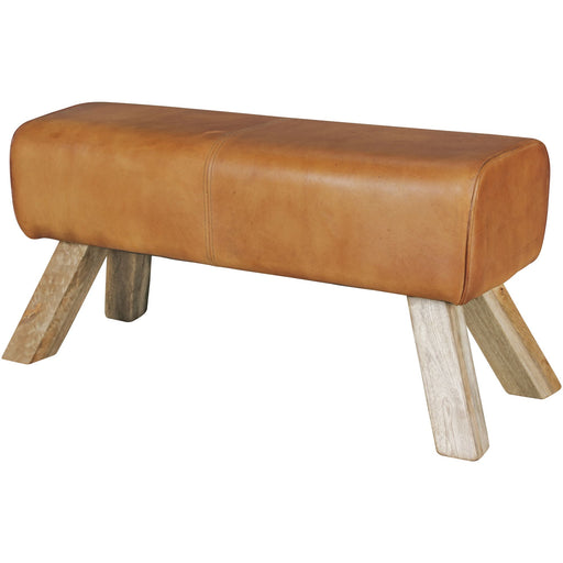 Sitzhocker WL5.105 mit braunem Lederbezug und schrägen Holzbeinen in Gesamtansicht.