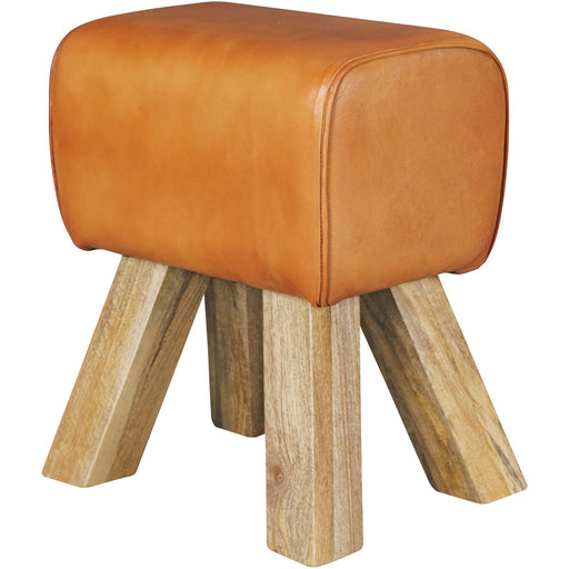Sitzhocker Turnbock Echtleder Braun mit gerundeter Lederpolsterung und vier massiven Holzbeinen in Gesamtansicht.
