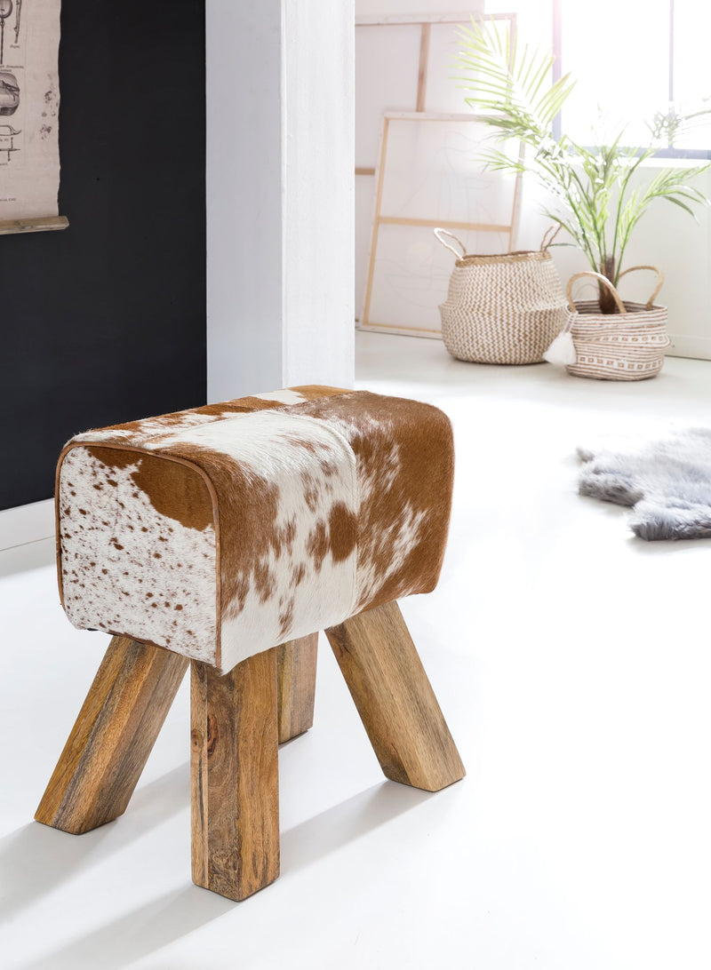 Sitzhocker Turnbock Ziegenfell Braun Weiß 40x30x47cm Beistellhocker