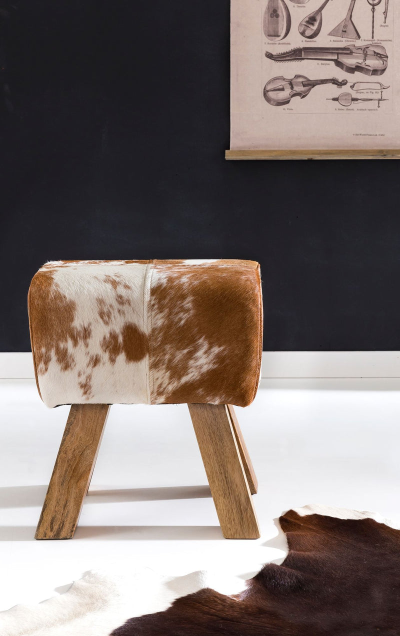Sitzhocker Turnbock Ziegenfell Braun Weiß 40x30x47cm Beistellhocker