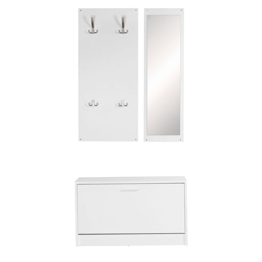 Garderobe Salerno in Weiß mit Metallhaken, Spiegel und Schuhschrank, Gesamtansicht.