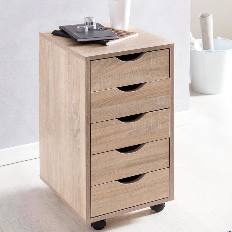 Rollcontainer 5 Schubladen MDF Sonoma modern Bürocontainer 33x64x38cm