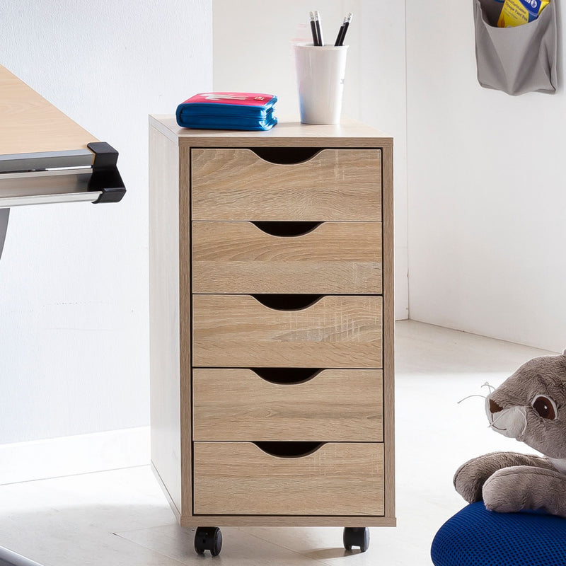 Rollcontainer 5 Schubladen MDF Sonoma modern Bürocontainer 33x64x38cm
