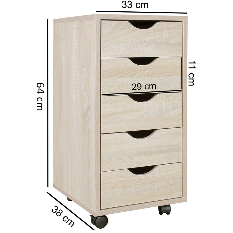 Rollcontainer 5 Schubladen MDF Sonoma modern Bürocontainer 33x64x38cm
