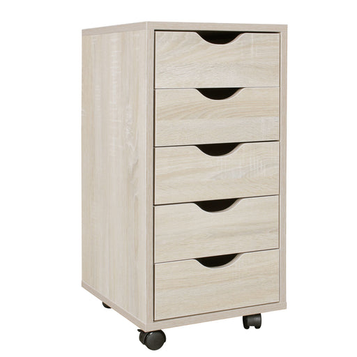 Rollcontainer 5 Schubladen MDF Sonoma mit schwarzen Griffmulden, Gesamtansicht von vorne.
