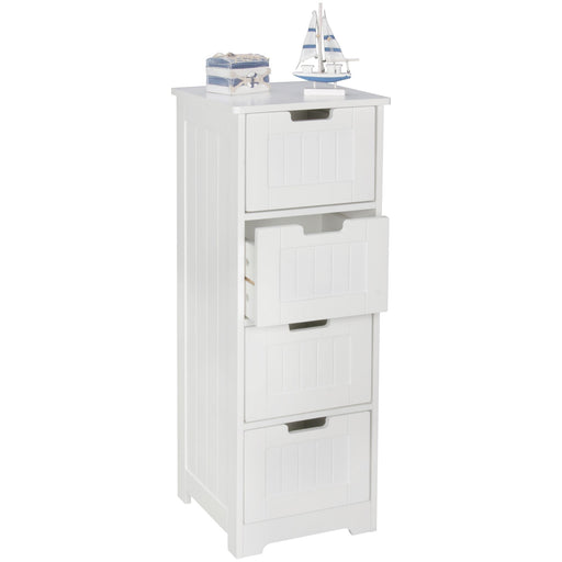Badschrank Landhaus MDF in Weiß mit vier Schubladen, Gesamtansicht mit geöffneter mittlerer Schublade.