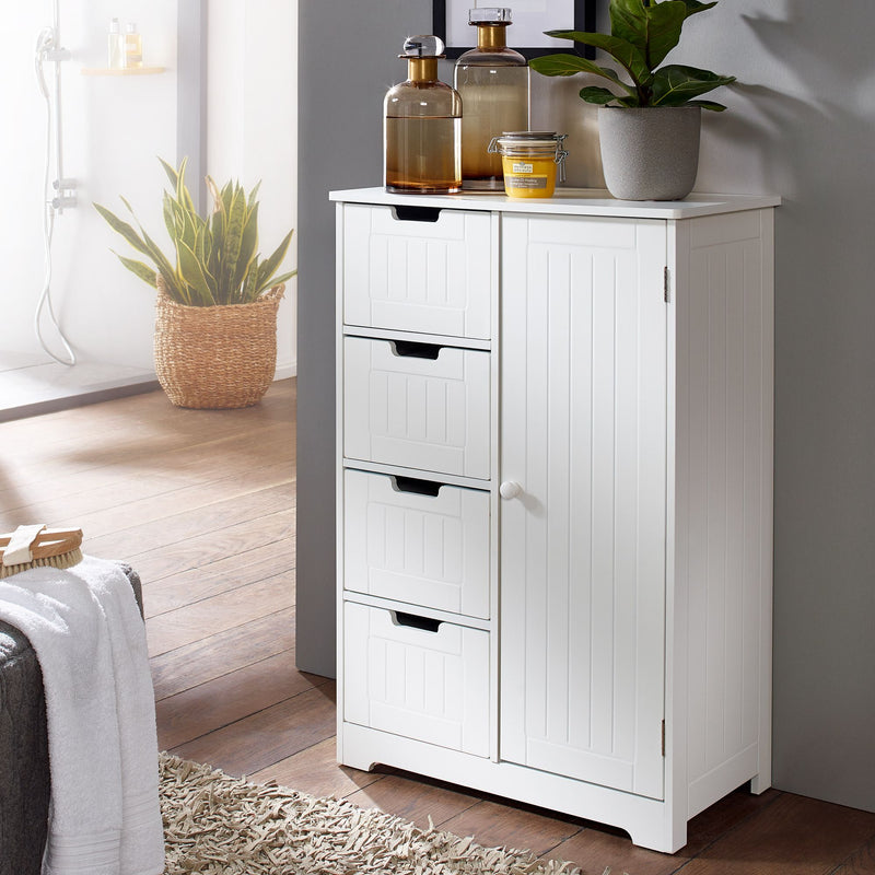 Badschrank Landhaus MDF 56x83x30cm weiß 4 Schubladen 1 Tür