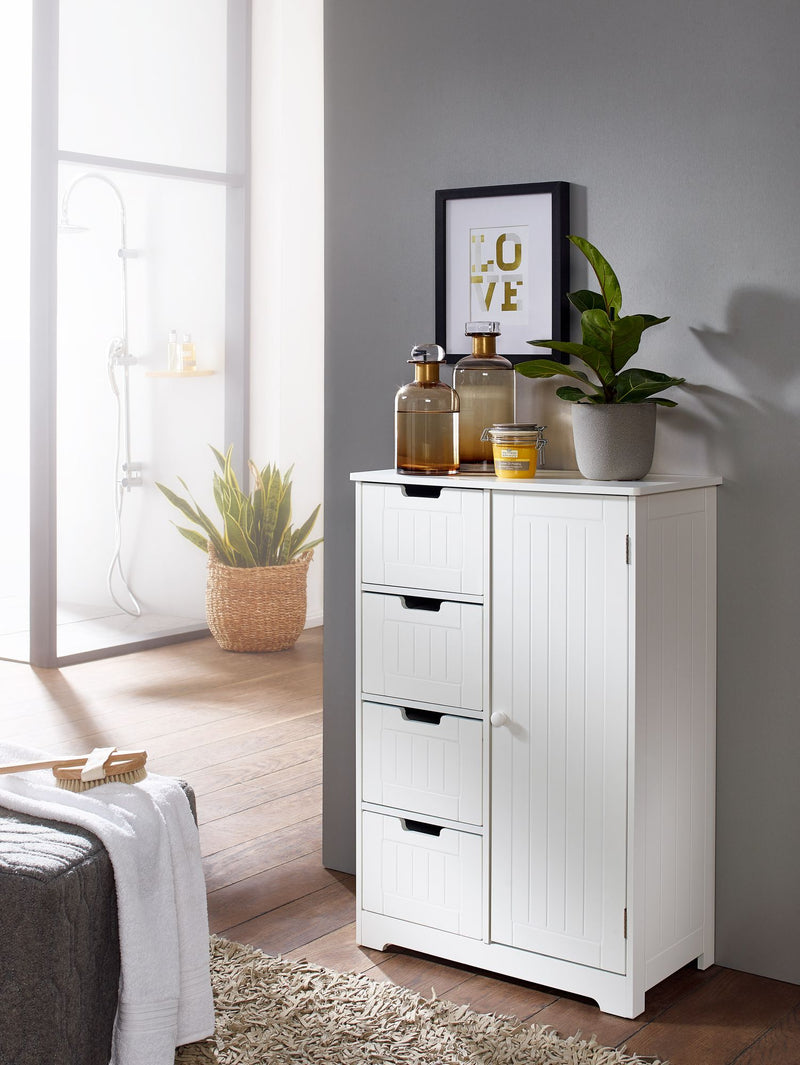 Badschrank Landhaus MDF 56x83x30cm weiß 4 Schubladen 1 Tür