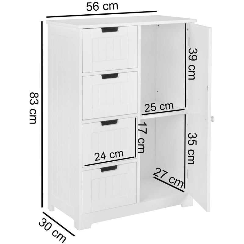 Badschrank Landhaus MDF 56x83x30cm weiß 4 Schubladen 1 Tür