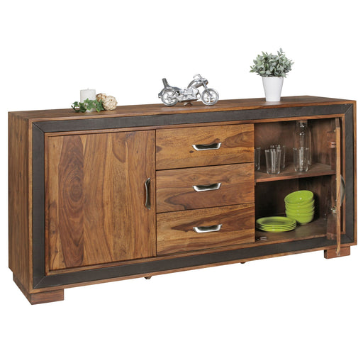 Sideboard Sheesham Massivholz 160x44x80cm Landhausstil mit geöffneten Türen und Schubladen.