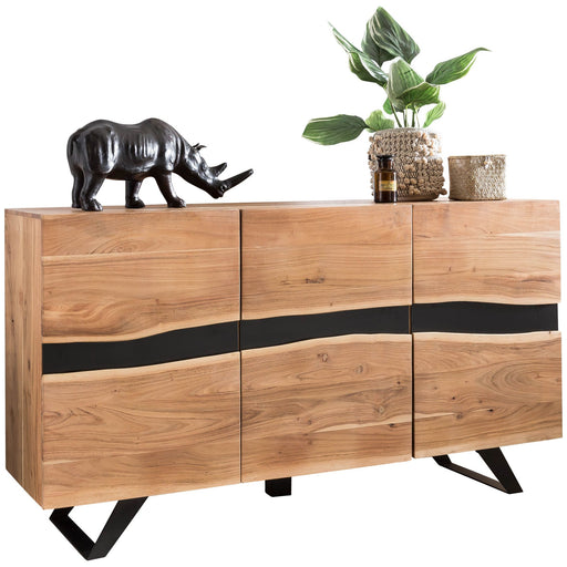 Sideboard Akazie Massivholz mit Baumkantenfronten, drei Schubladen und schwarzen Metallbeinen in Gesamtansicht.