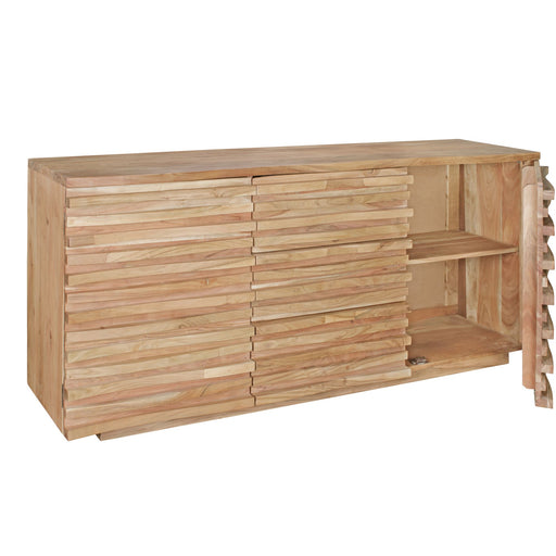 Sideboard Akazie Massivholz mit Baumkante, horizontalen Lamellenfronten und offenen Ablagefächern in Gesamtansicht.