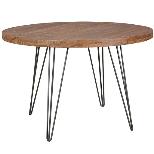 Esszimmertisch Bagli rund mit massiver Sheesham-Holzplatte und schwarzen Haarnadel-Metallbeinen in Gesamtansicht.
