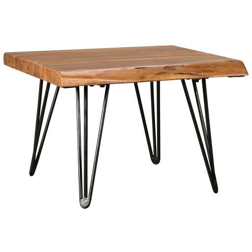 Couchtisch Sheesham Massivholz mit Baumkante und schwarzen Metallbeinen in Gesamtansicht.