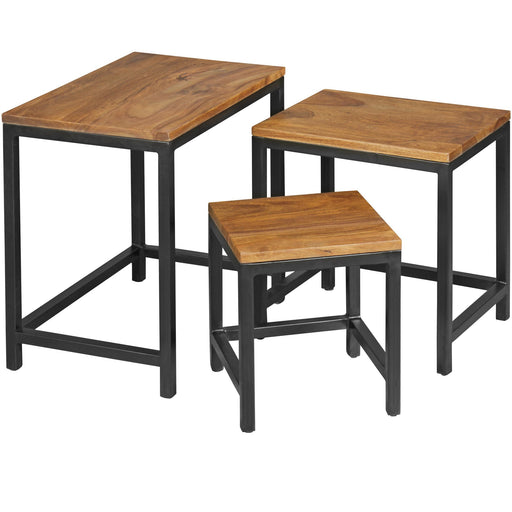 Beistelltisch Set Akola 3-teilig mit Sheesham-Holzplatten und schwarzem Metallgestell in Gesamtansicht.