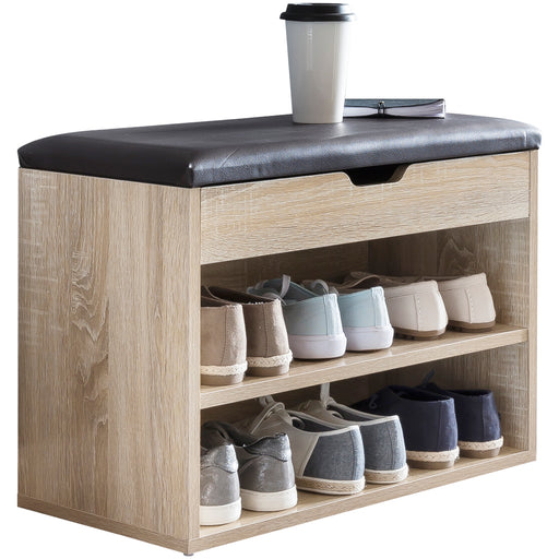 Schuhbank Sonoma Holz gepolstert mit schwarzer Sitzfläche und zwei offenen Schuhablagen, Gesamtansicht.