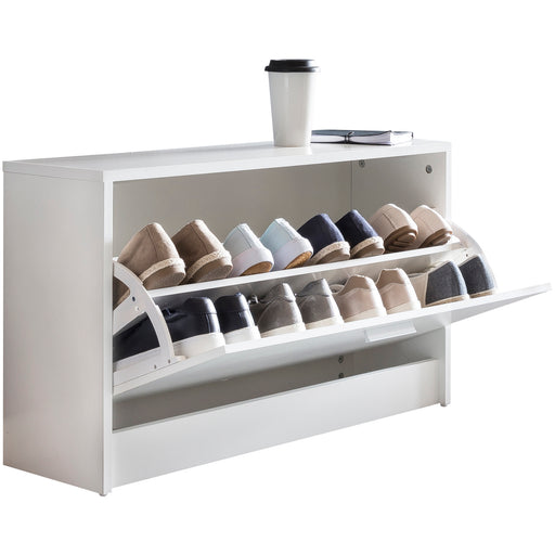 Schuhbank SPLIT in Weiß mit geöffneter Klappe, die zwei Reihen Schuhe in Beige-, Grau- und Schwarztönen zeigt.