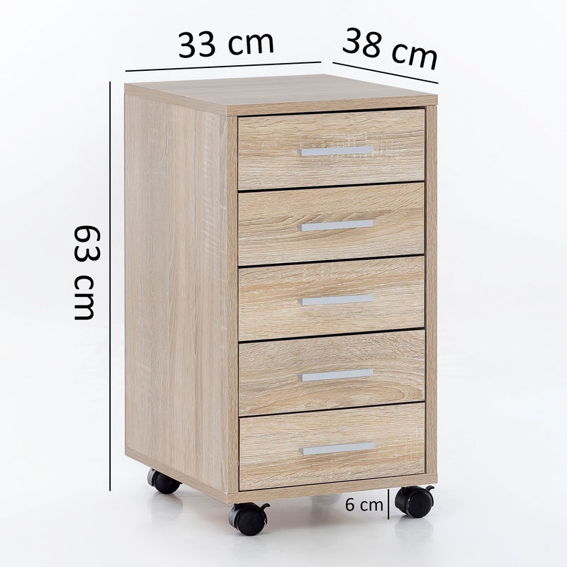 Rollcontainer Sonoma Holz 5 Schubladen Schreibtischcontainer mit Rollen
