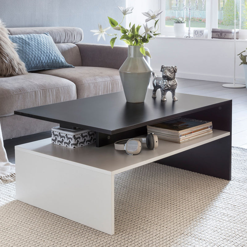 Couchtisch Holz Schwarz Weiß zweiteilig mit Ablage modern 90x43x60cm
