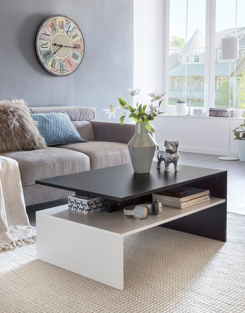 Couchtisch Holz Schwarz Weiß zweiteilig mit Ablage modern 90x43x60cm