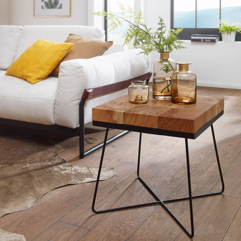 Beistelltisch Akazie Massivholz Metallgestell Industrial 45x45x51cm Braun