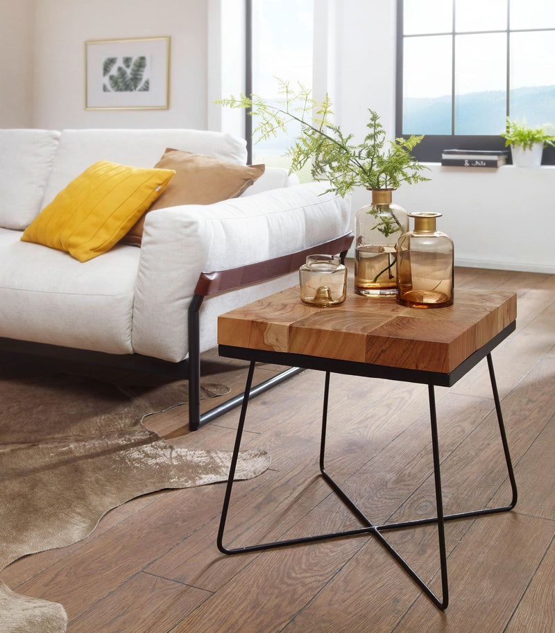 Beistelltisch Akazie Massivholz Metallgestell Industrial 45x45x51cm Braun
