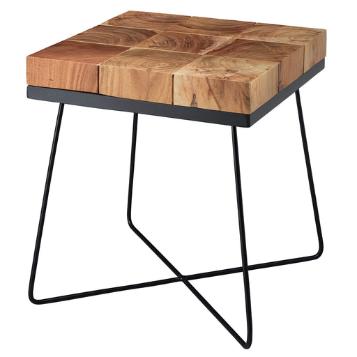Beistelltisch Akazie Massivholz Metallgestell Industrial mit quadratischer Holzplatte und schwarzem Stahlgestell.