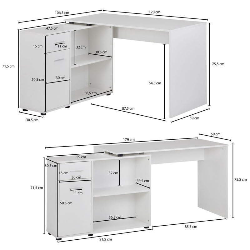 Eckschreibtisch mit Regal Weiß 120x75,5x106,5cm Modern Home Office