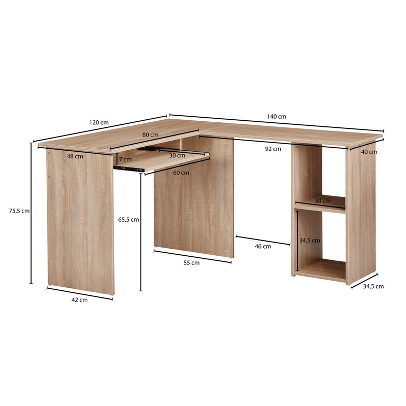Schreibtischkombination Sonoma 140x75,5x120cm mit Regal & Tastaturauszug