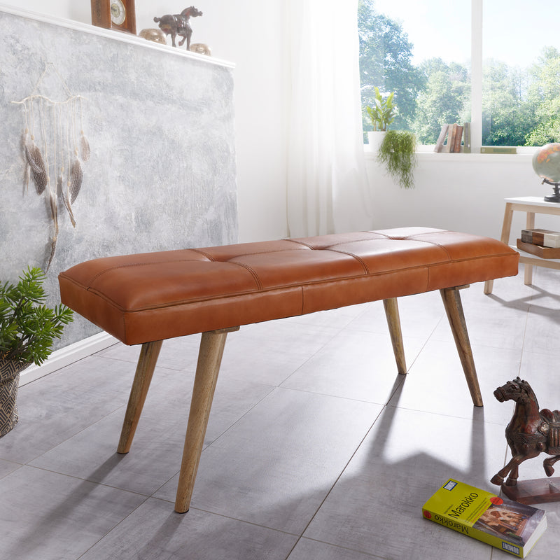 Sitzbank Retro Ziegenleder Massivholz 117x51x38cm Braun Esszimmer