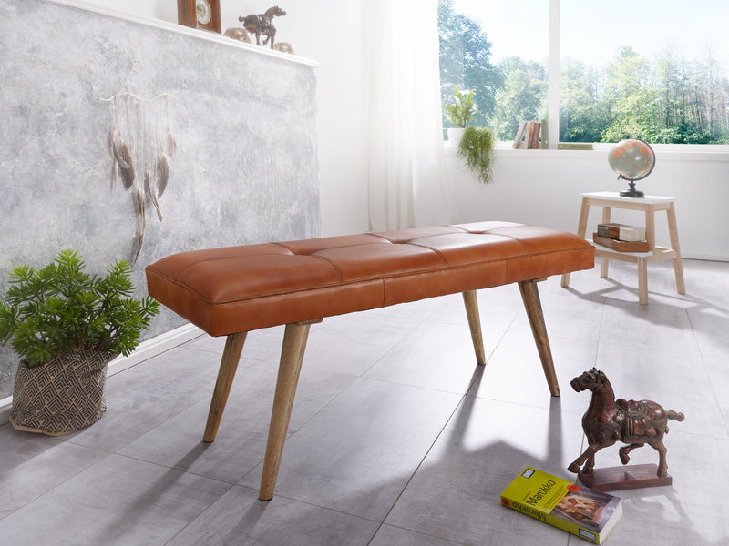 Sitzbank Retro Ziegenleder Massivholz 117x51x38cm Braun Esszimmer