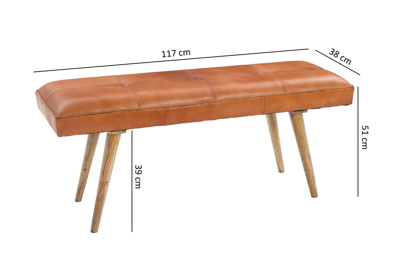 Sitzbank Retro Ziegenleder Massivholz 117x51x38cm Braun Esszimmer