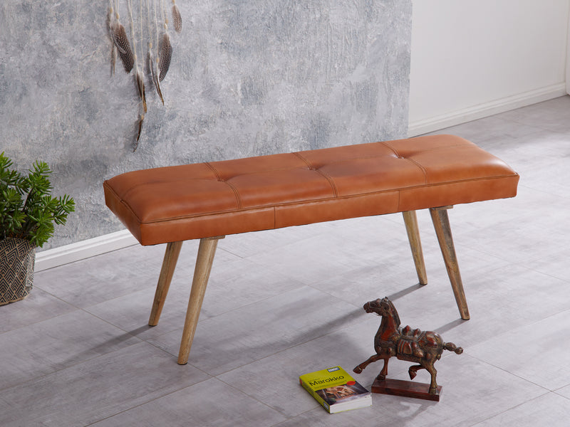 Sitzbank Retro Ziegenleder Massivholz 117x51x38cm Braun Esszimmer
