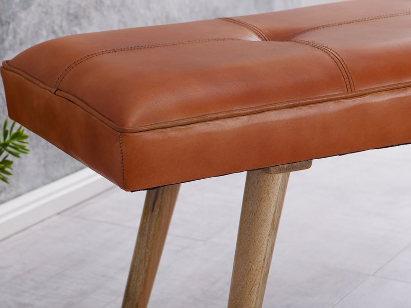Sitzbank Retro Ziegenleder Massivholz 117x51x38cm Braun Esszimmer