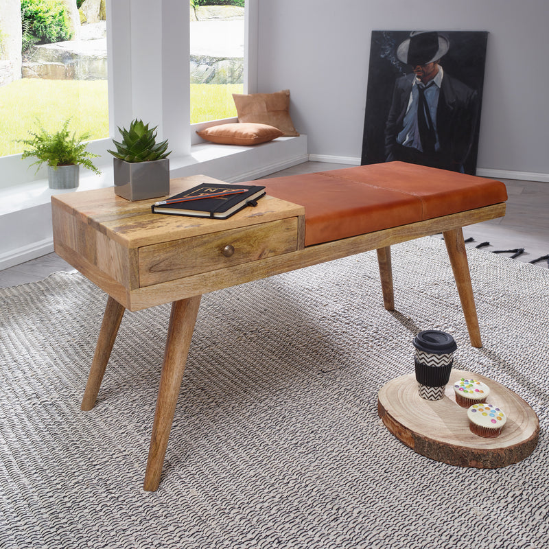 Sitzbank Retro Ziegenleder Massivholz 100x52x38cm Braun Stauraum