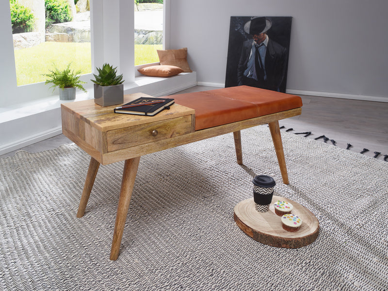 Sitzbank Retro Ziegenleder Massivholz 100x52x38cm Braun Stauraum