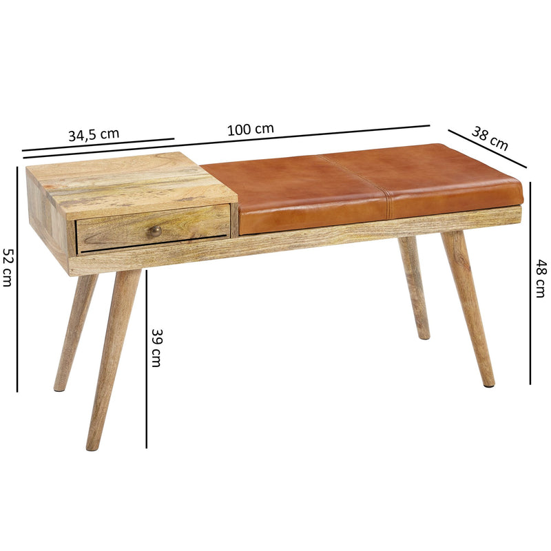 Sitzbank Retro Ziegenleder Massivholz 100x52x38cm Braun Stauraum