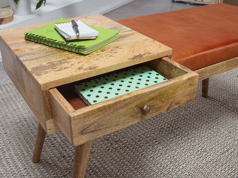 Sitzbank Retro Ziegenleder Massivholz 100x52x38cm Braun Stauraum