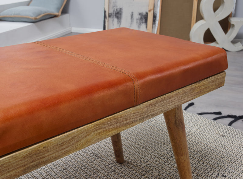 Sitzbank Retro Ziegenleder Massivholz 100x52x38cm Braun Stauraum